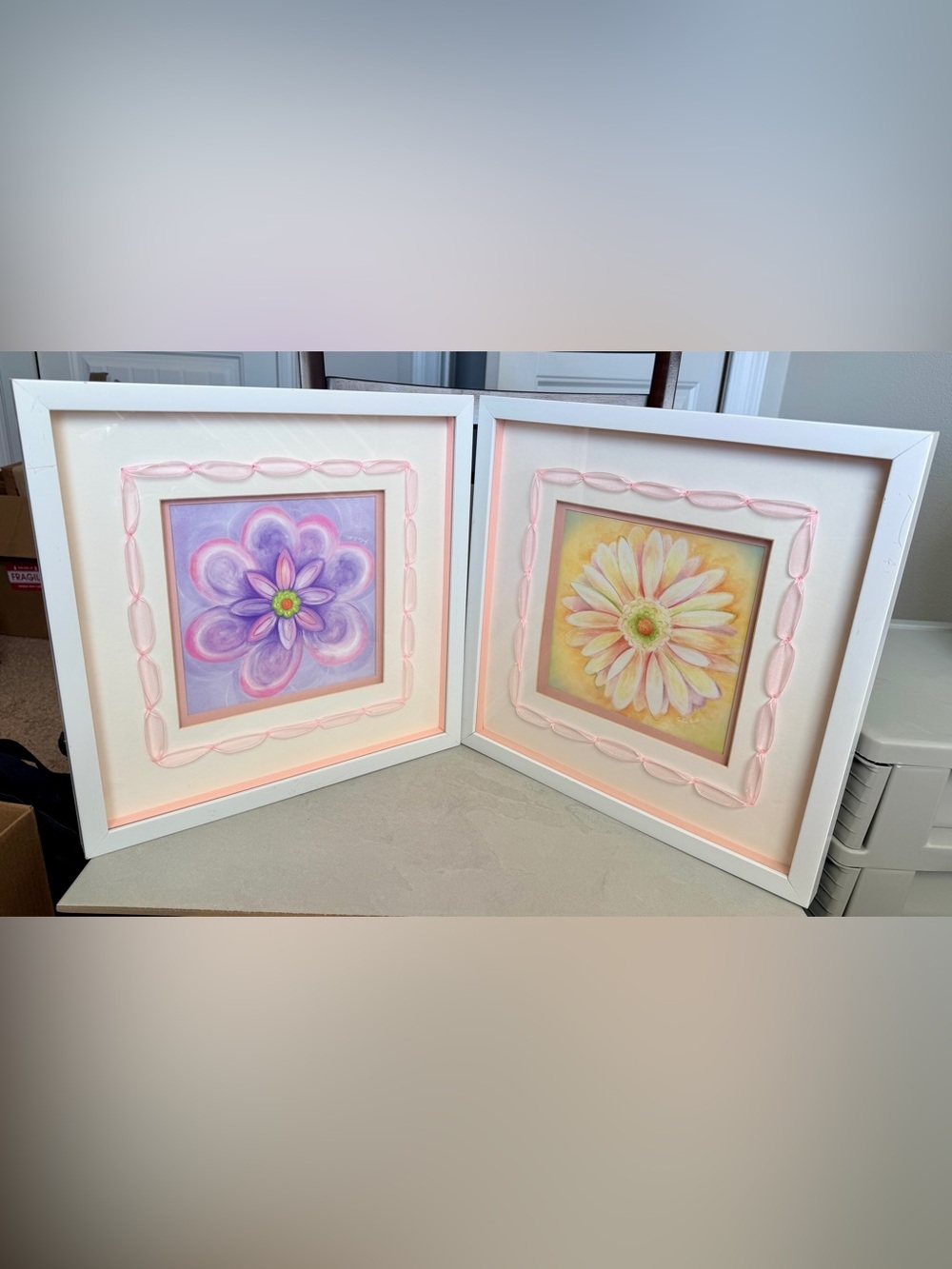 2 Art Pictures Home Wall Decor By Cynthia Coulter White Frames Square 15” Lot 2